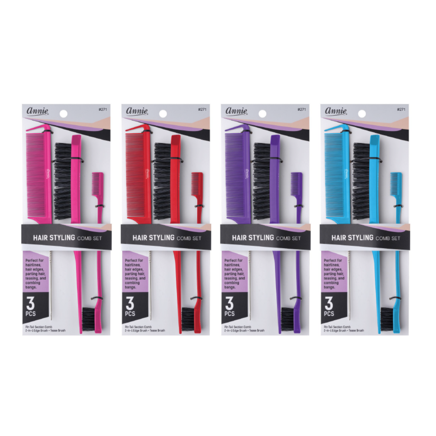 Annie Hair Styling Comb Set, 3 Count, Assorted Colors