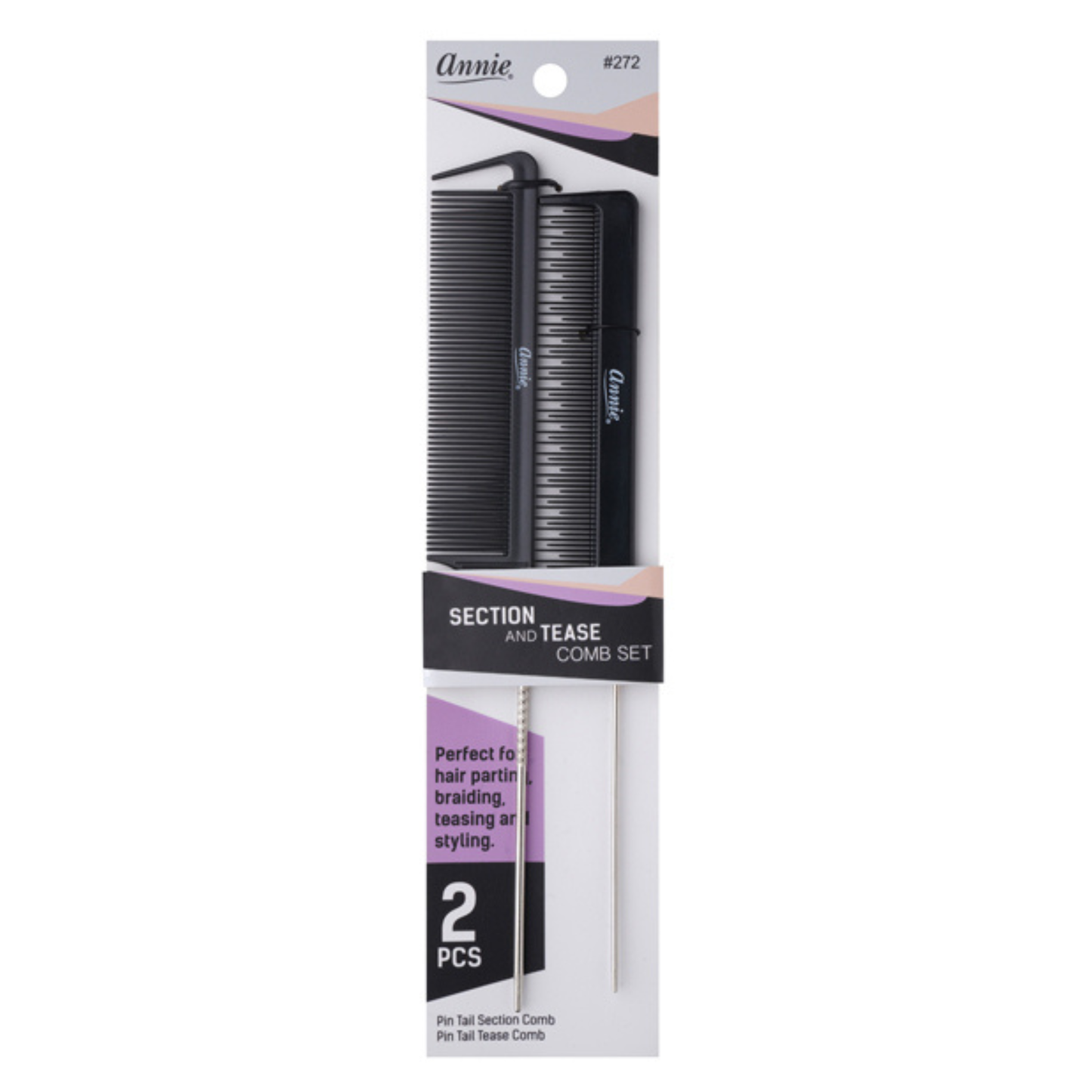 Annie Section and Tease Comb Set in its original retail packaging, featuring a black dual-sided comb and two fine tailoring needles on a white and purple card.