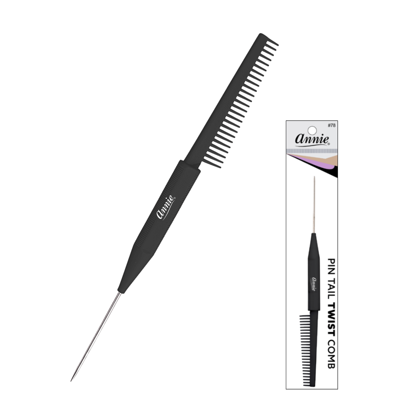 Annie Pin Tail Twist Comb, 1 Count, Black featuring a sleek black handle with fine teeth and a sharp metal pin tail designed for precision sectioning and styling in professional barber tools.