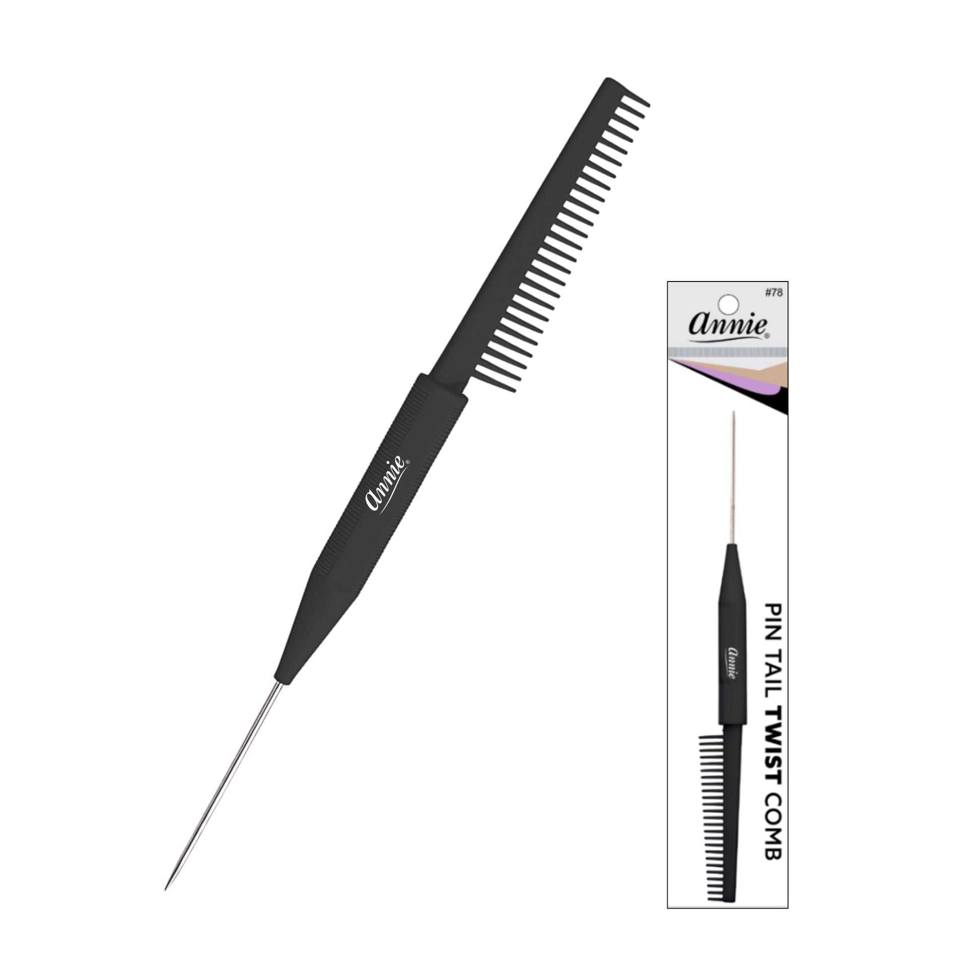 Annie Pin Tail Twist Comb, 1 Count, Black featuring a sleek black handle with fine teeth and a sharp metal pin tail designed for precision sectioning and styling in professional barber tools.