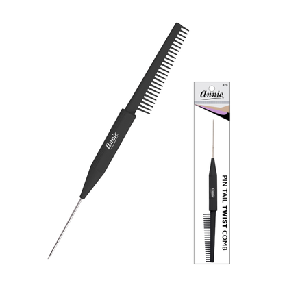 Annie Pin Tail Twist Comb, 1 Count, Black featuring a sleek black handle with fine teeth and a sharp metal pin tail designed for precision sectioning and styling in professional barber tools.