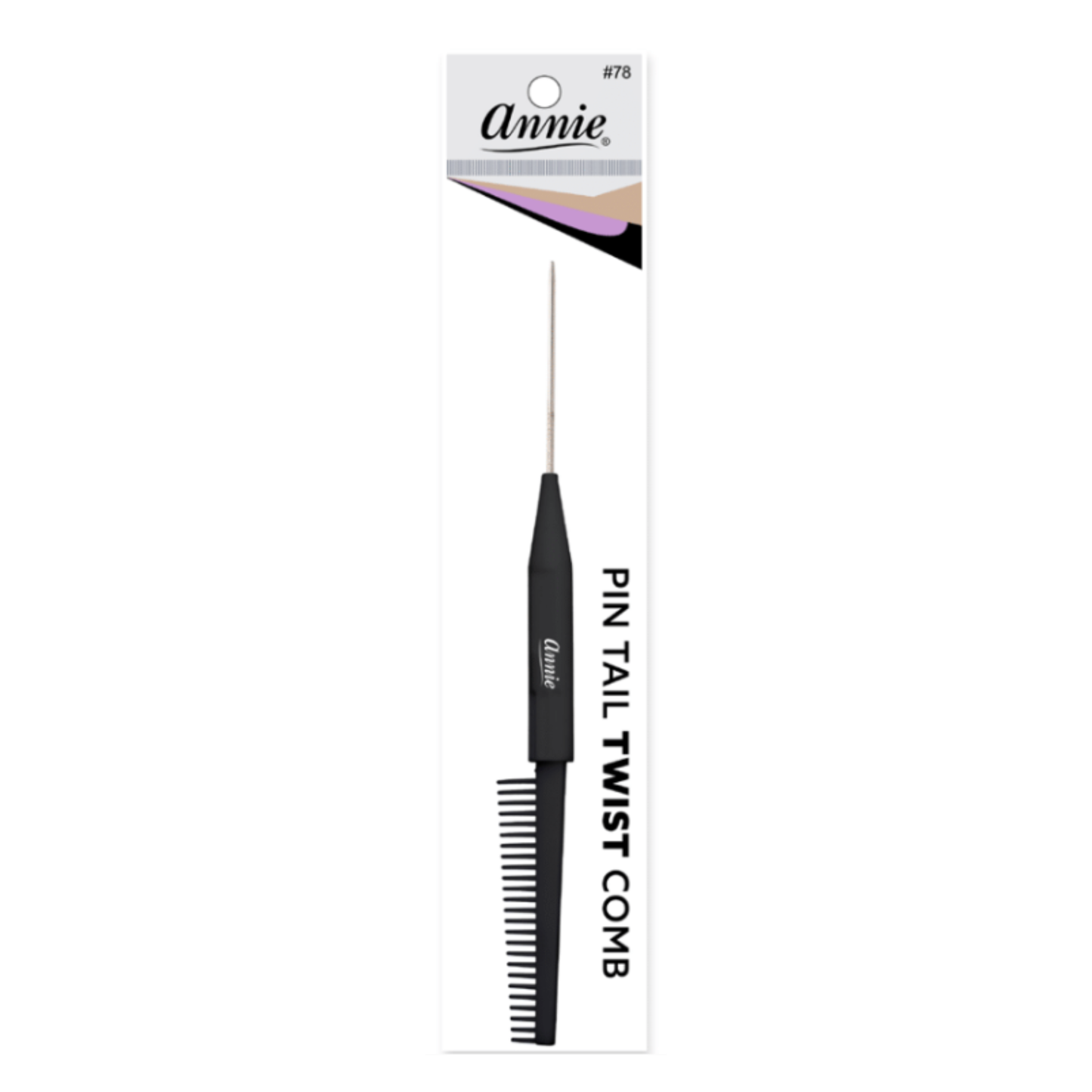 Annie Pin Tail Twist Comb, 1 Count, Black featuring a durable handle with fine teeth and a sharp metal pin tail for detailed hair sectioning and styling precision.