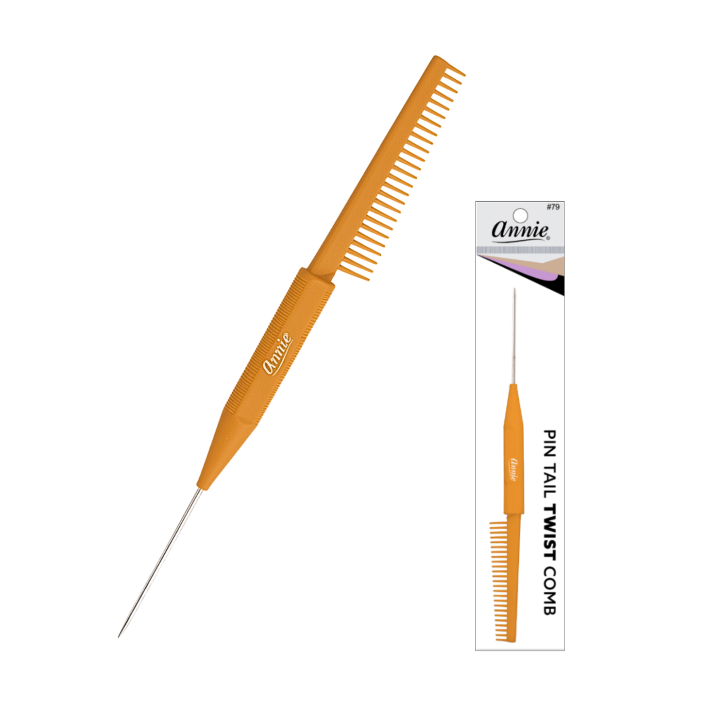 Annie Pin Tail Twist Comb, 1 Count, Assorted featuring a durable orange handle with fine teeth and a sharp metal pin tail for detailed hair parting and styling precision.