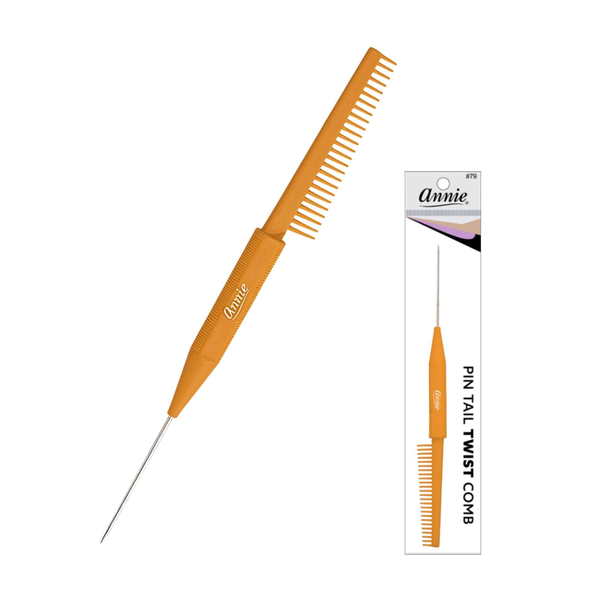 Annie Pin Tail Twist Comb, 1 Count, Assorted featuring a durable orange handle with fine teeth and a sharp metal pin tail for detailed hair parting and styling precision.