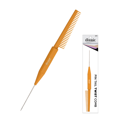 Annie Pin Tail Twist Comb, 1 Count, Assorted featuring a durable orange handle with fine teeth and a sharp metal pin tail for detailed hair parting and styling precision.