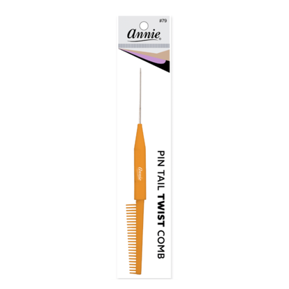 Annie Pin Tail Twist Comb, 1 Count, Assorted featuring an orange handle with fine teeth and a long metal pin tail designed for precision parting and twisting in hairstyling.