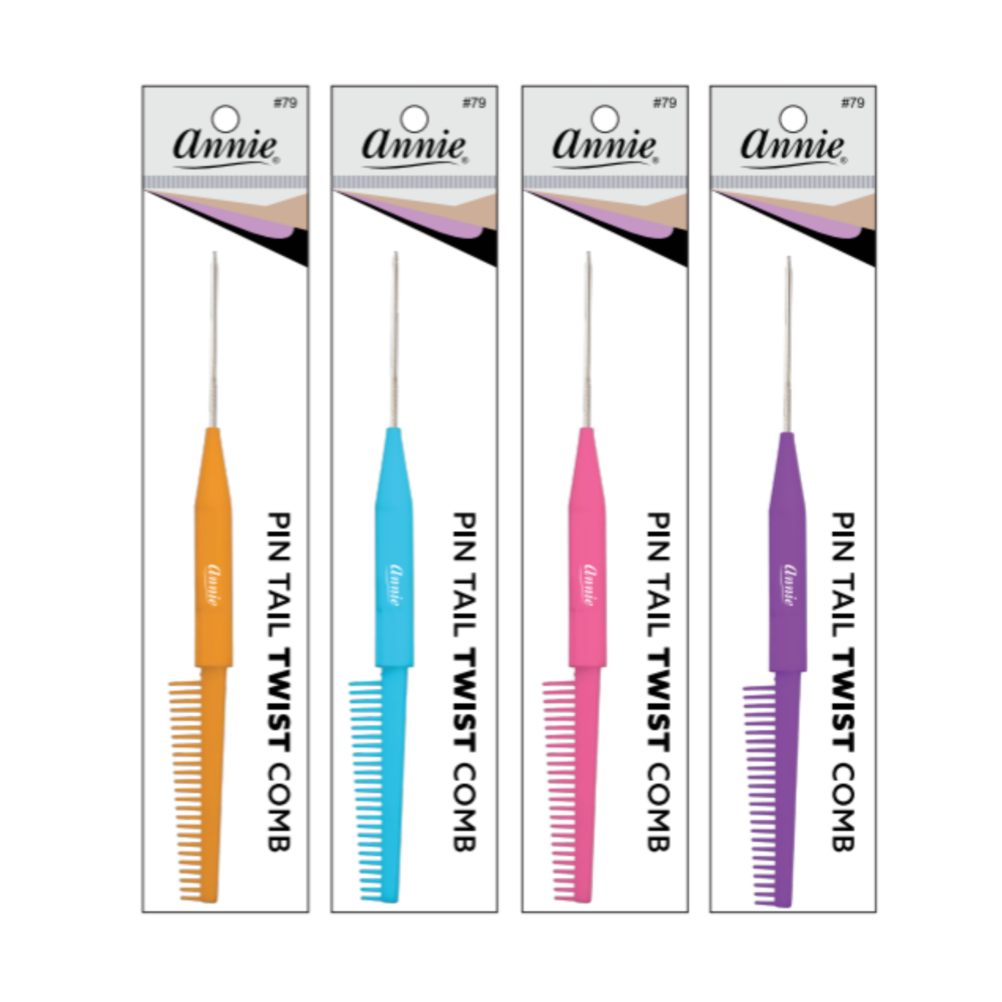 Annie Pin Tail Twist Comb, 1 Count, Assorted in vibrant orange, blue, pink, and purple handles featuring fine teeth and a pointed metal pin tail for precise hair sectioning and twisting.
