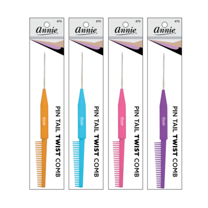 Annie Pin Tail Twist Comb, 1 Count, Assorted in vibrant orange, blue, pink, and purple handles featuring fine teeth and a pointed metal pin tail for precise hair sectioning and twisting.