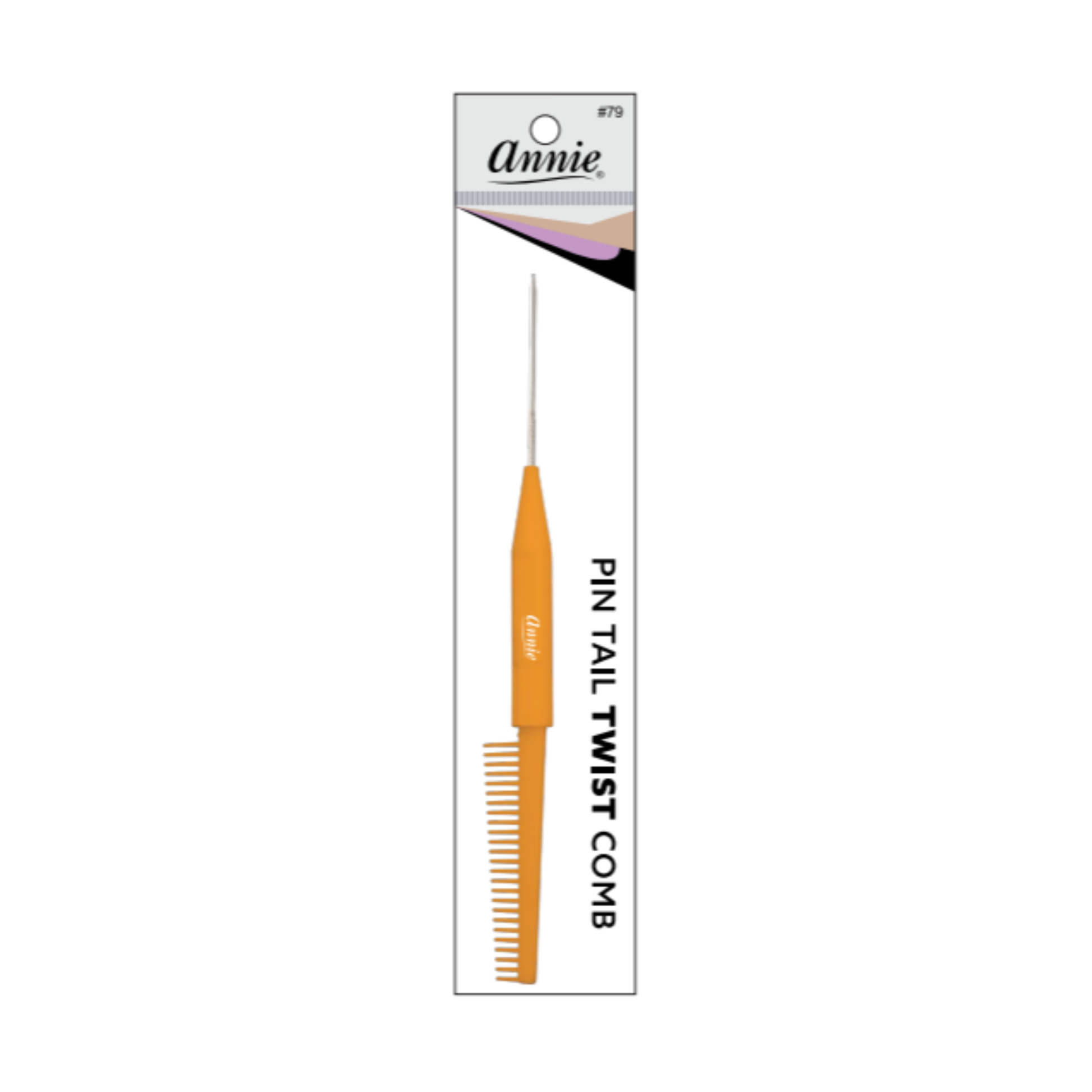 Annie Pin Tail Twist Comb, 1 Count, Assorted featuring an orange handle with fine teeth and a sharp metal pin tail designed for precise hair sectioning and twisting.