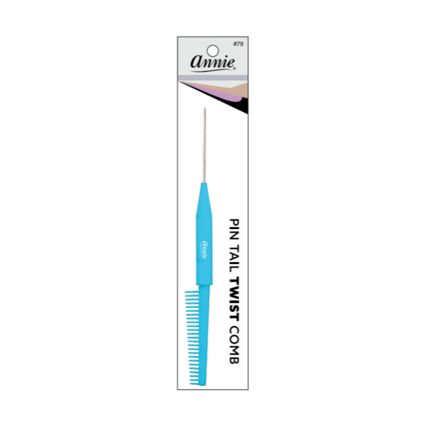 Annie Pin Tail Twist Comb, 1 Count, Assorted with a bright blue handle, fine teeth for smooth detangling, and a sharp metal pin tail for precise hair sectioning and twisting.