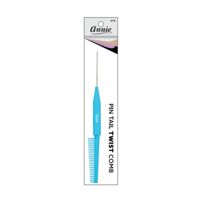 Annie Pin Tail Twist Comb, 1 Count, Assorted with a bright blue handle, fine teeth for smooth detangling, and a sharp metal pin tail for precise hair sectioning and twisting.