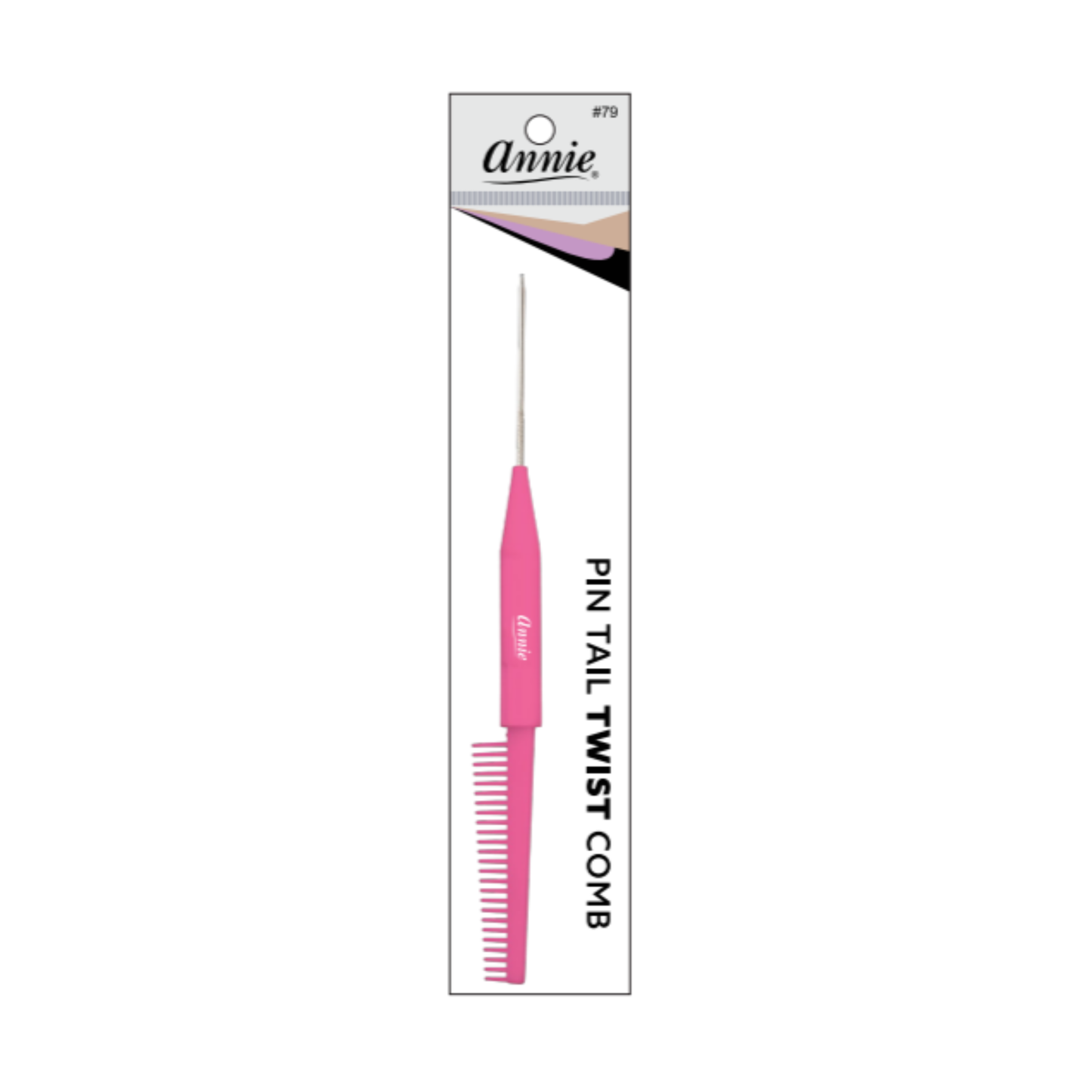 Annie Pin Tail Twist Comb, 1 Count, Assorted in bright pink featuring a fine-toothed comb and a long metal pin tail for precise hair sectioning and twisting in professional hairstyling.