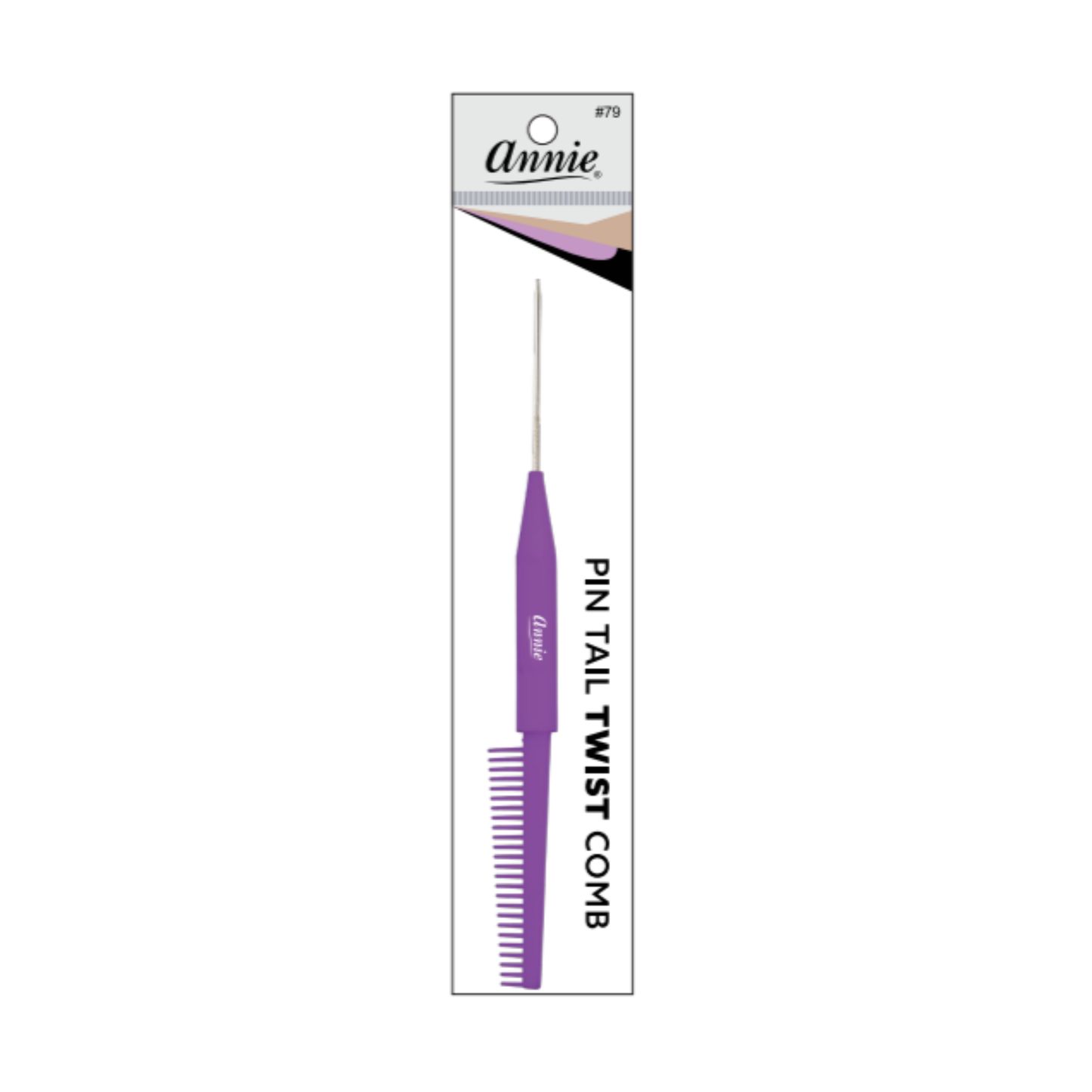 Annie Pin Tail Twist Comb, 1 Count, Assorted with a purple handle featuring fine teeth and a sharp metal pin tail for precise hair sectioning and professional styling.