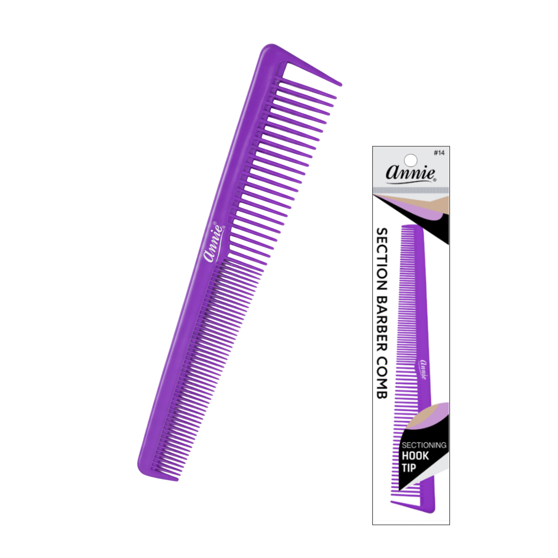 Annie Section Barber Comb with Hook Tip, 1 Count, Assorted in purple, featuring fine and wide teeth with a hook tip for precise sectioning, ideal for professional barber tools.