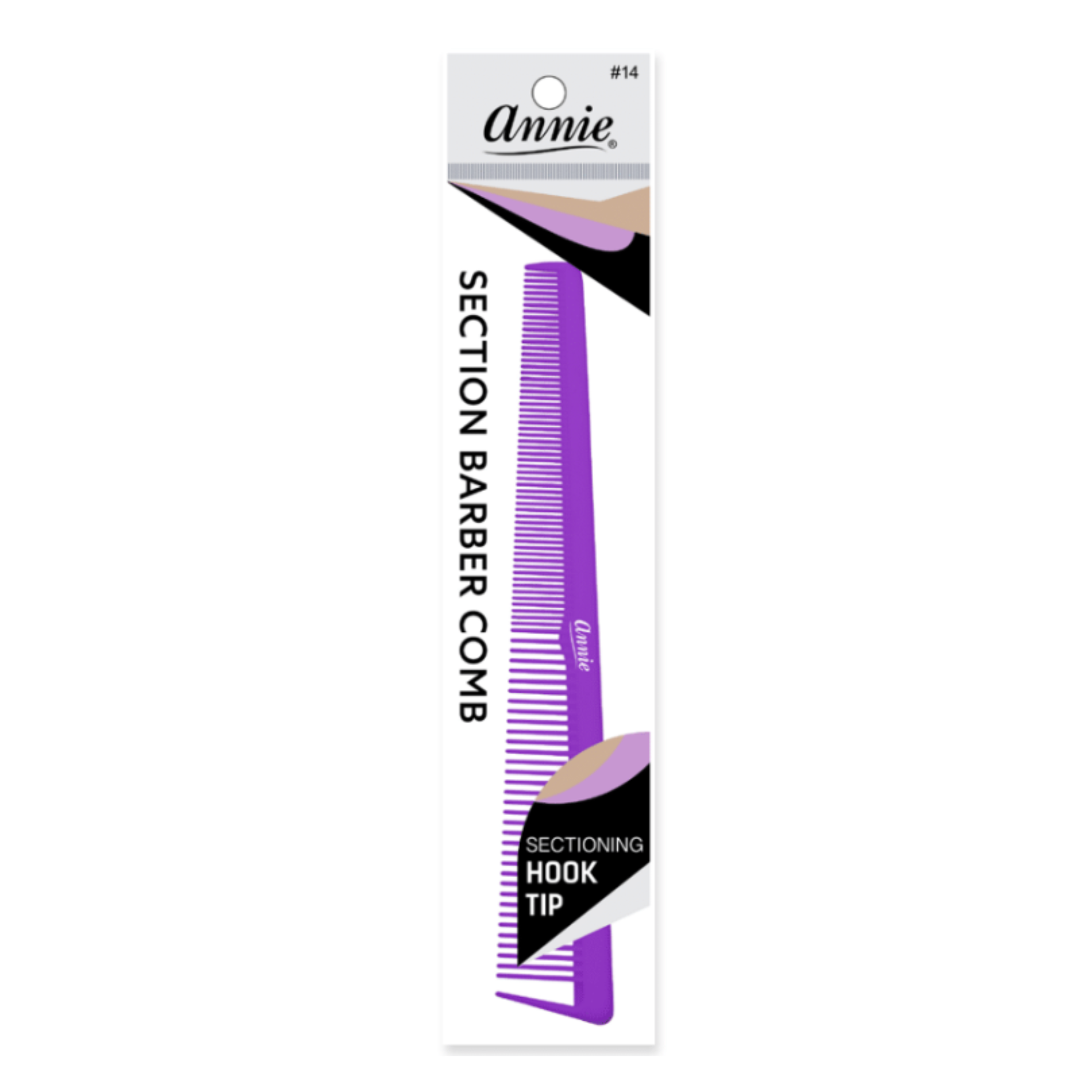 Annie Section Barber Comb with Hook Tip, 1 Count, Assorted in purple, featuring fine and wide teeth with a pointed hook tip for precise hair sectioning and professional barber use.