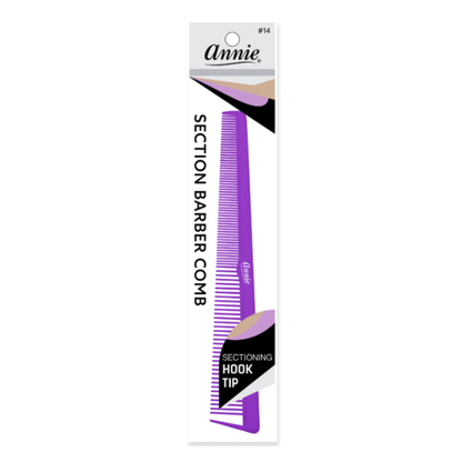 Annie Section Barber Comb with Hook Tip, 1 Count, Assorted in purple, featuring fine and wide teeth with a pointed hook tip for precise hair sectioning and professional barber use.