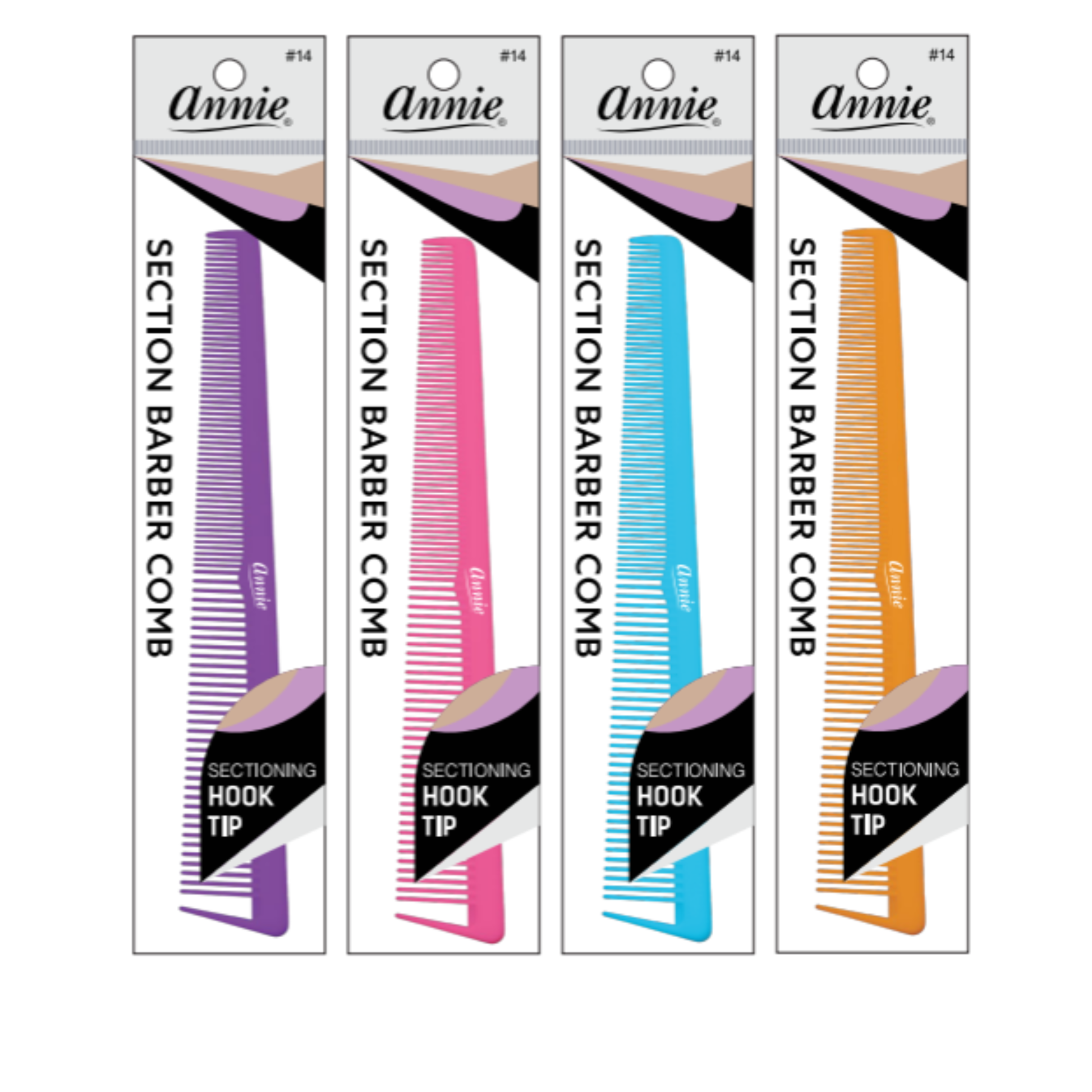 Annie Section Barber Comb with Hook Tip, 1 Count, Assorted in purple, pink, blue, and orange, featuring fine and wide teeth with a hook tip for accurate hair sectioning.