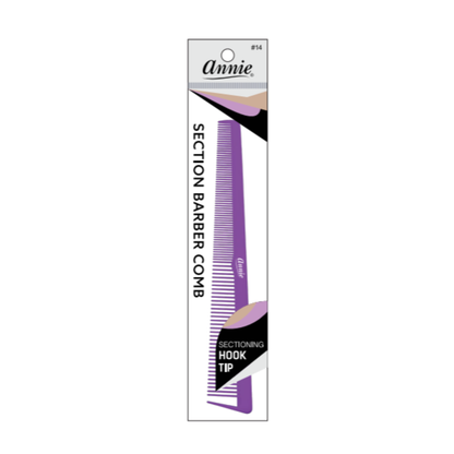 Annie Section Barber Comb with Hook Tip, 1 Count, Assorted in purple, designed with fine and wide teeth plus a hook tip for precision sectioning and professional barber use.
