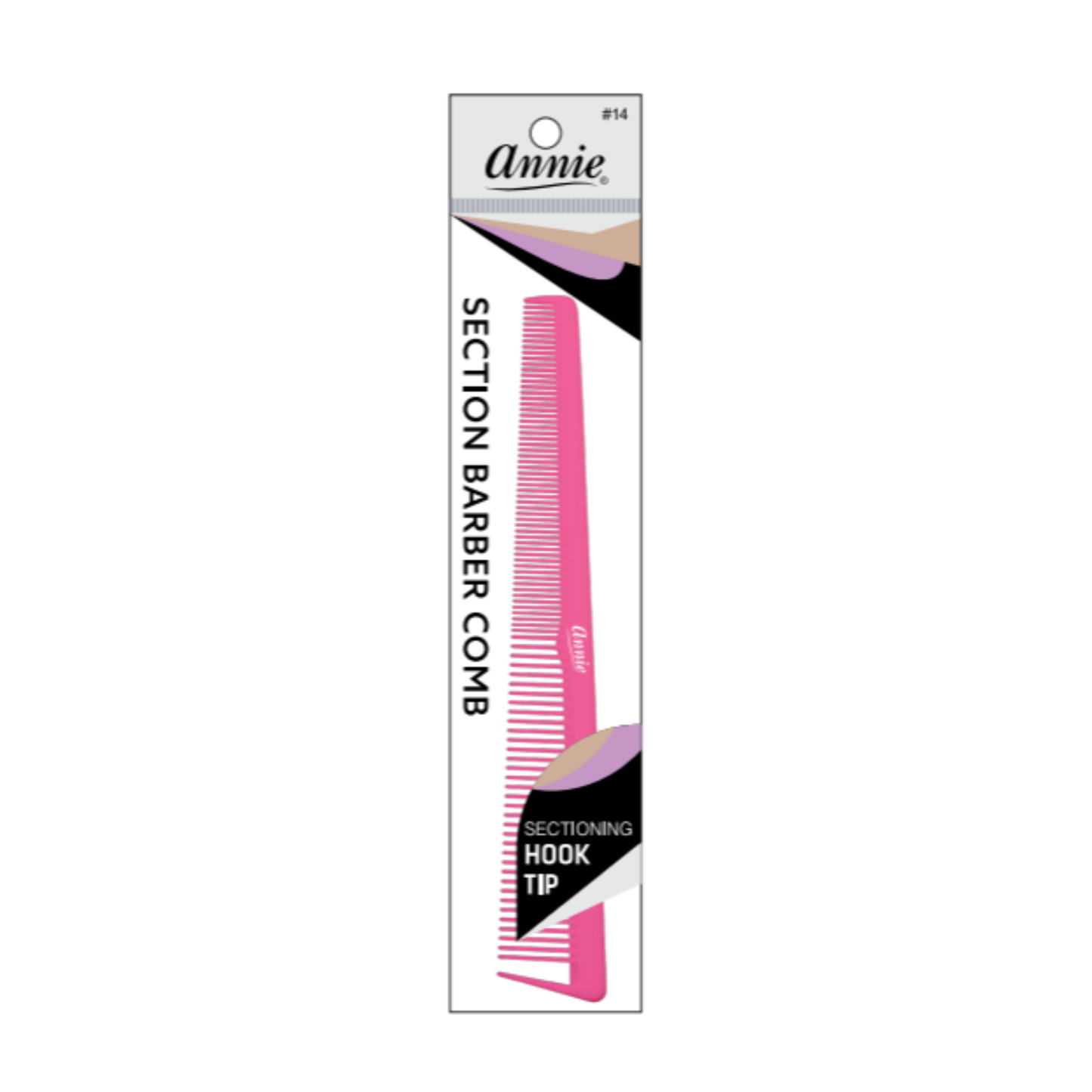 Annie Section Barber Comb with Hook Tip, 1 Count, Assorted in bright pink, designed with dual fine and wide teeth plus a pointed hook tip for detailed hair sectioning and styling.