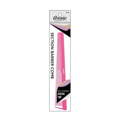Annie Section Barber Comb with Hook Tip, 1 Count, Assorted in bright pink, designed with dual fine and wide teeth plus a pointed hook tip for detailed hair sectioning and styling.