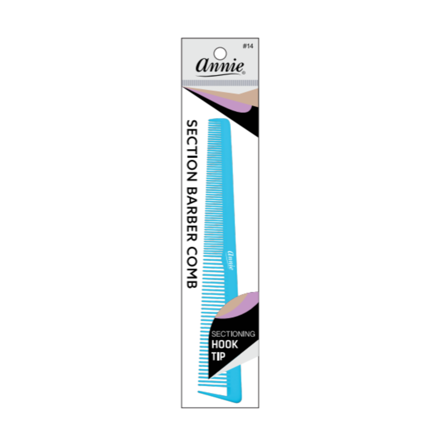Annie Section Barber Comb with Hook Tip, 1 Count, Assorted in blue, featuring dual teeth and a pointed hook tip designed for precise hair sectioning and professional barber use.