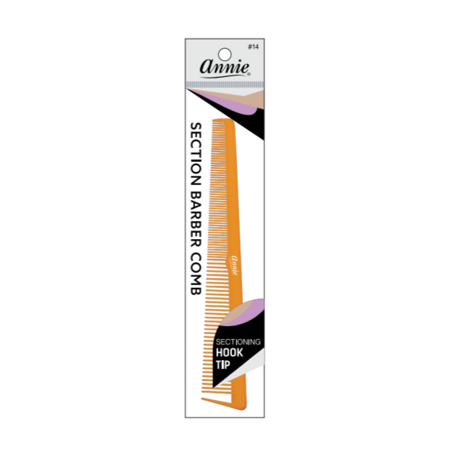 Annie Section Barber Comb with Hook Tip, 1 Count, Assorted in orange, featuring fine and wide teeth and a pointed hook tip for professional hair sectioning and styling precision.