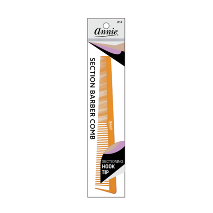 Annie Section Barber Comb with Hook Tip, 1 Count, Assorted in orange, featuring fine and wide teeth and a pointed hook tip for professional hair sectioning and styling precision.