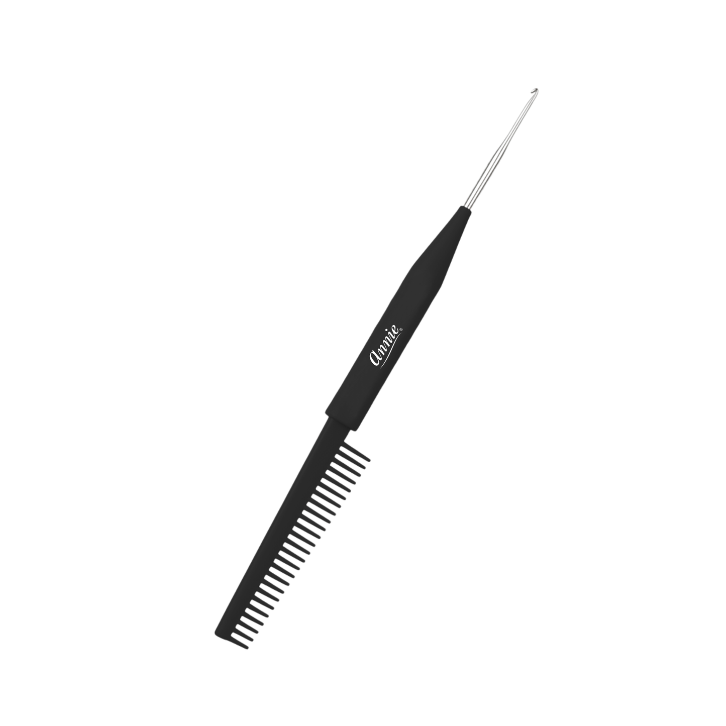 Annie Twist & Lock Comb with Crochet Hook, 1 Count, Black featuring a fine-toothed comb and a pointed crochet hook tip designed for easy twisting, locking, and styling of natural hair.