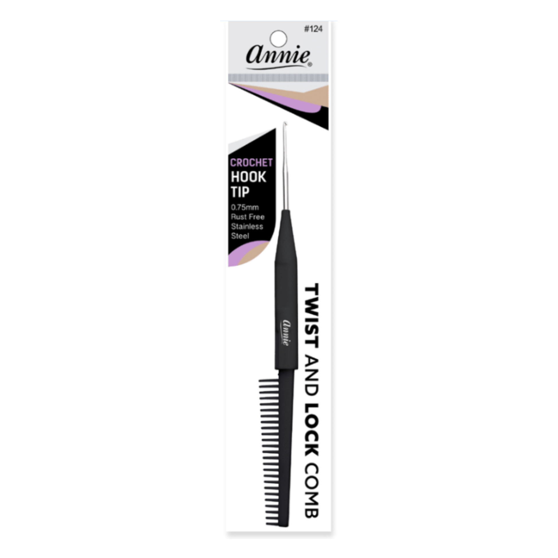 Annie Twist & Lock Comb with Crochet Hook, 1 Count, Black featuring a fine-toothed comb and a rust-free stainless steel crochet hook tip for precise twisting and locking of natural hair styles.