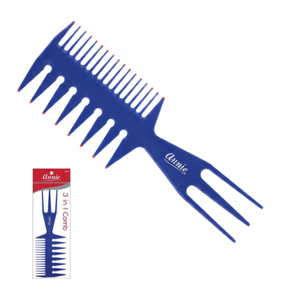 Large blue 3-in-1 comb designed for textured and multicultural hair featuring wide and fine teeth with a dual-prong handle for versatile styling and detangling.