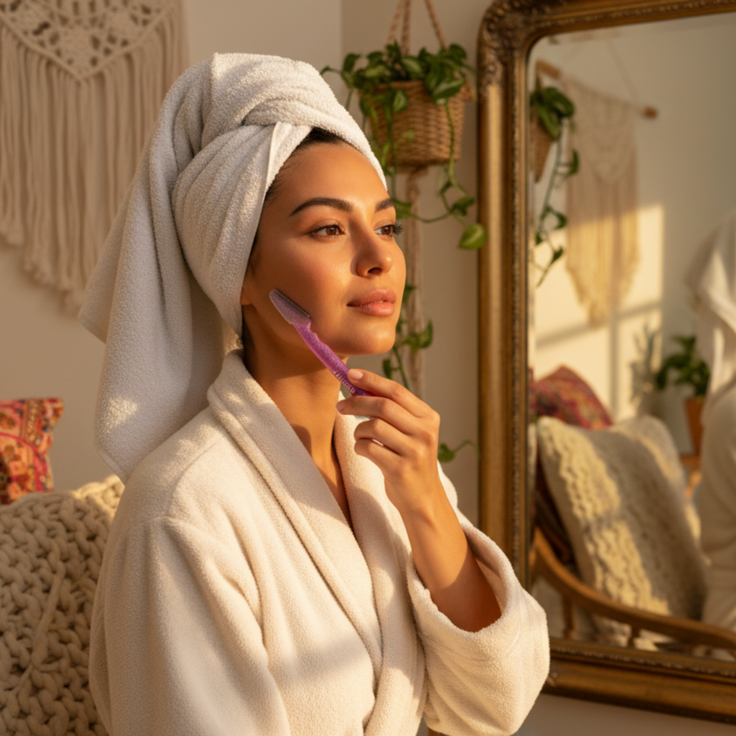 Woman in white robe and towel using purple dermaplaner for facial grooming in cozy boho room with mirror reflection