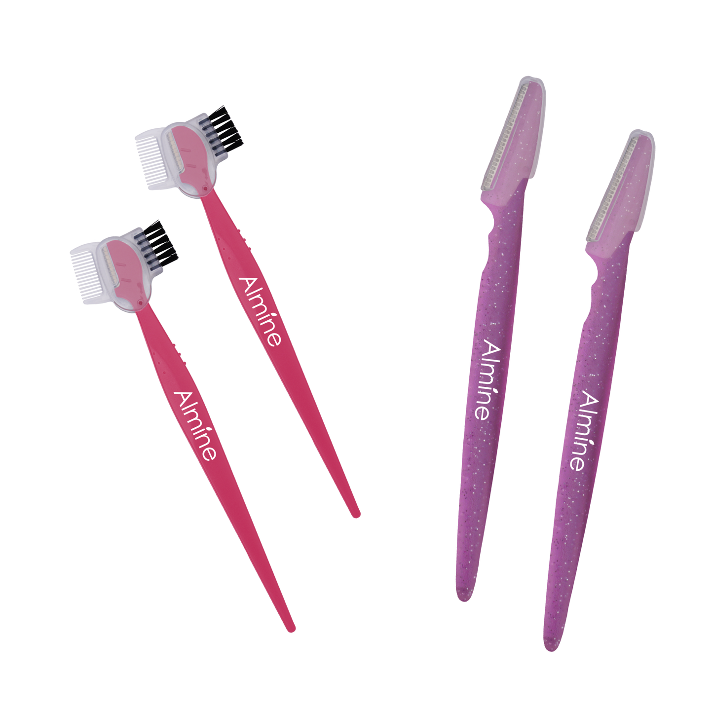 Four-piece Almine brow set with pink trimmers and purple dermaplaners for precise facial hair grooming and shaping