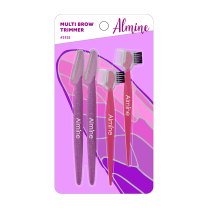 Four-piece Almine brow set with assorted pink and purple trimmers and combs for precise eyebrow shaping and grooming