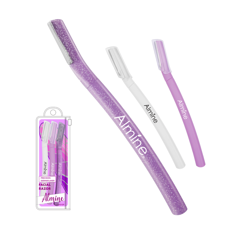 Set of three Almine precision facial dermaplaners in white, light purple, and glittery purple with protective caps and packaging