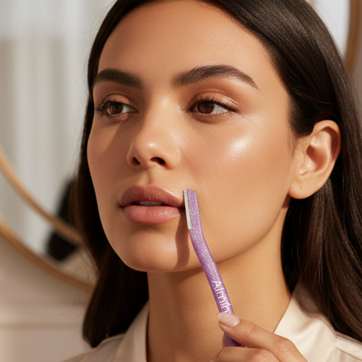 Woman with glowing skin using a purple Almine precision dermaplaner on her upper lip in soft natural light