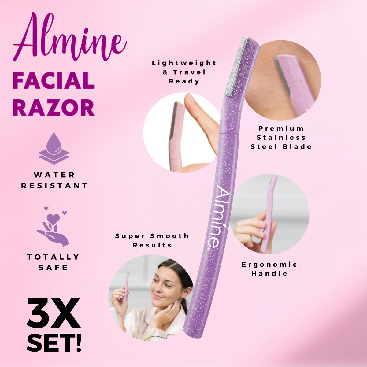 Close-up of a pink Almine facial razor with ergonomic handle, stainless steel blade, shown with usage and travel features on pink background