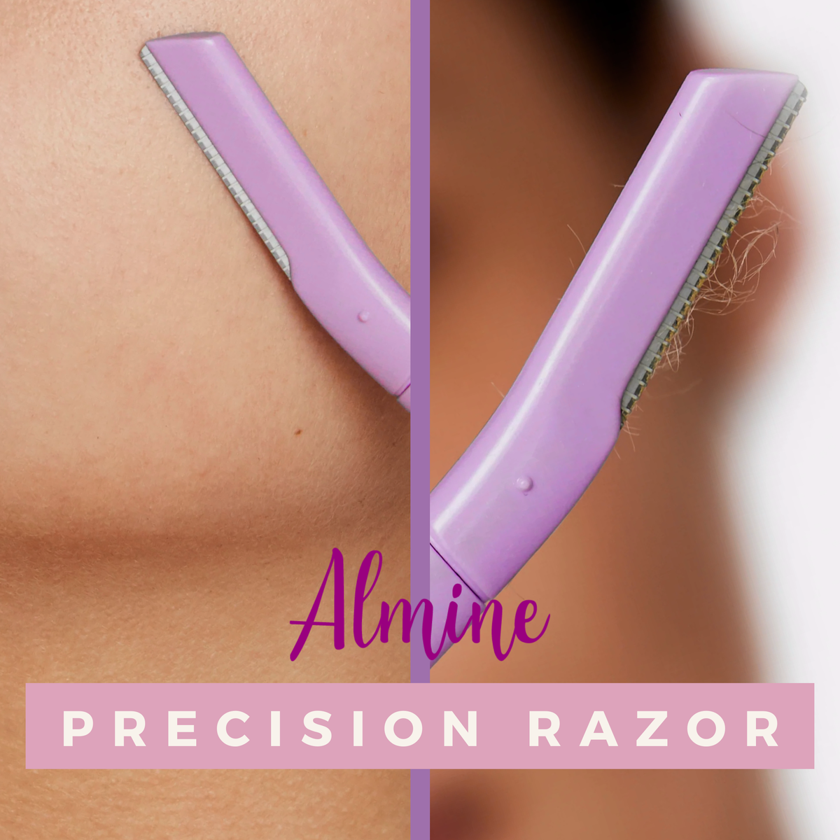 Close-up of purple precision dermaplaner gently removing fine facial hair from skin in soft natural lighting