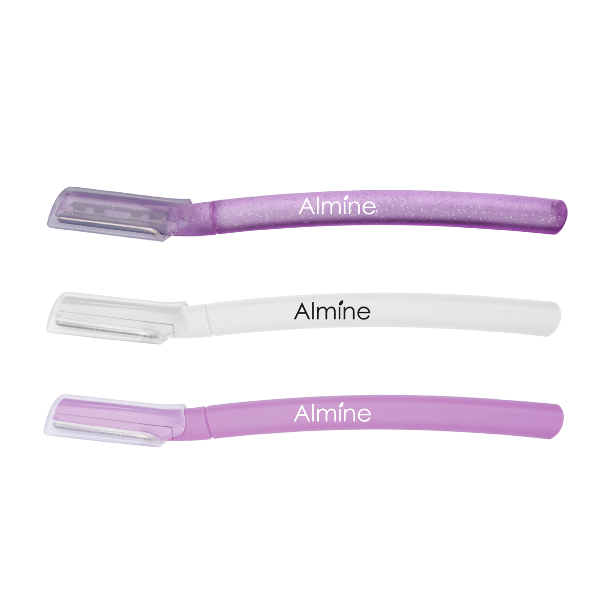 Three Almine facial dermaplaners in glittery purple, matte white, and soft lavender with protective blade covers on white background