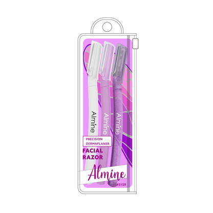 Three precision Almine facial razors in white, lavender, and glittery purple packaged in clear plastic case