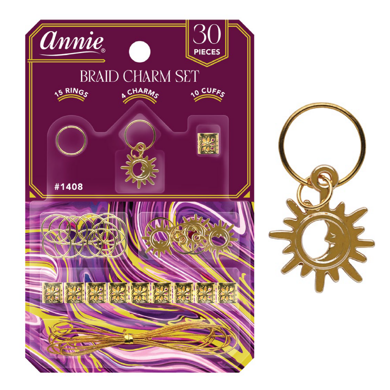 Annie Braid Charm Set, Sun & Moon gold metal rings, cuffs, and celestial sun and moon charms for hair styling.