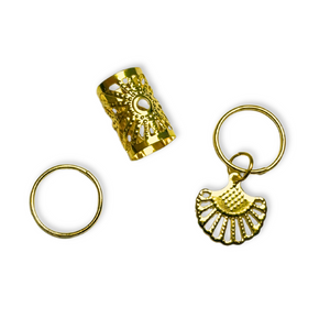
                  
                    Load image into Gallery viewer, Annie Braid Charm Set with examples of each piece laid out including a gold metal rind, a gold metal cuff, and a gold metal fan.
                  
                