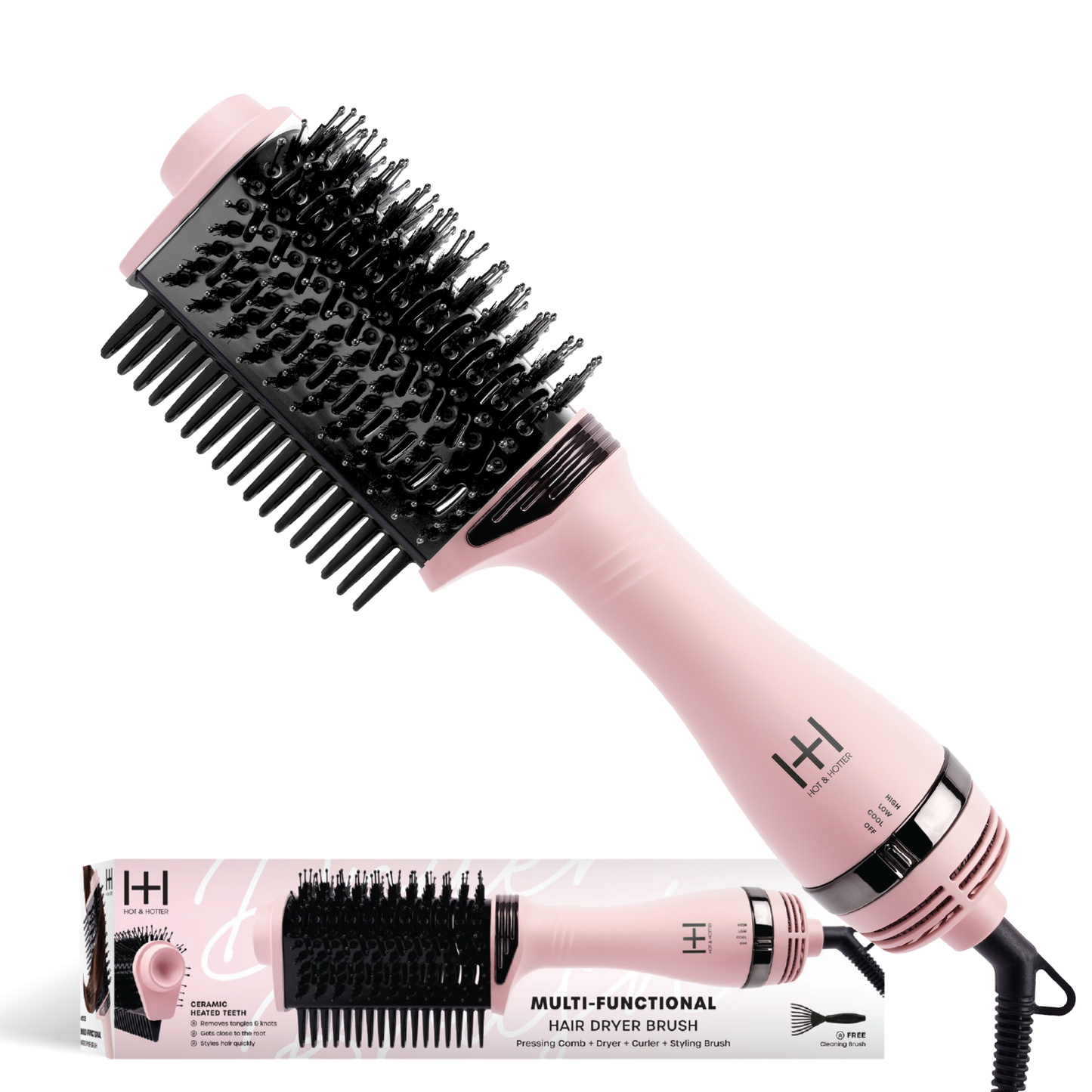 Pink Hot & Hotter multi-functional hair dryer brush with ceramic heated teeth and detachable comb for styling and drying hair
