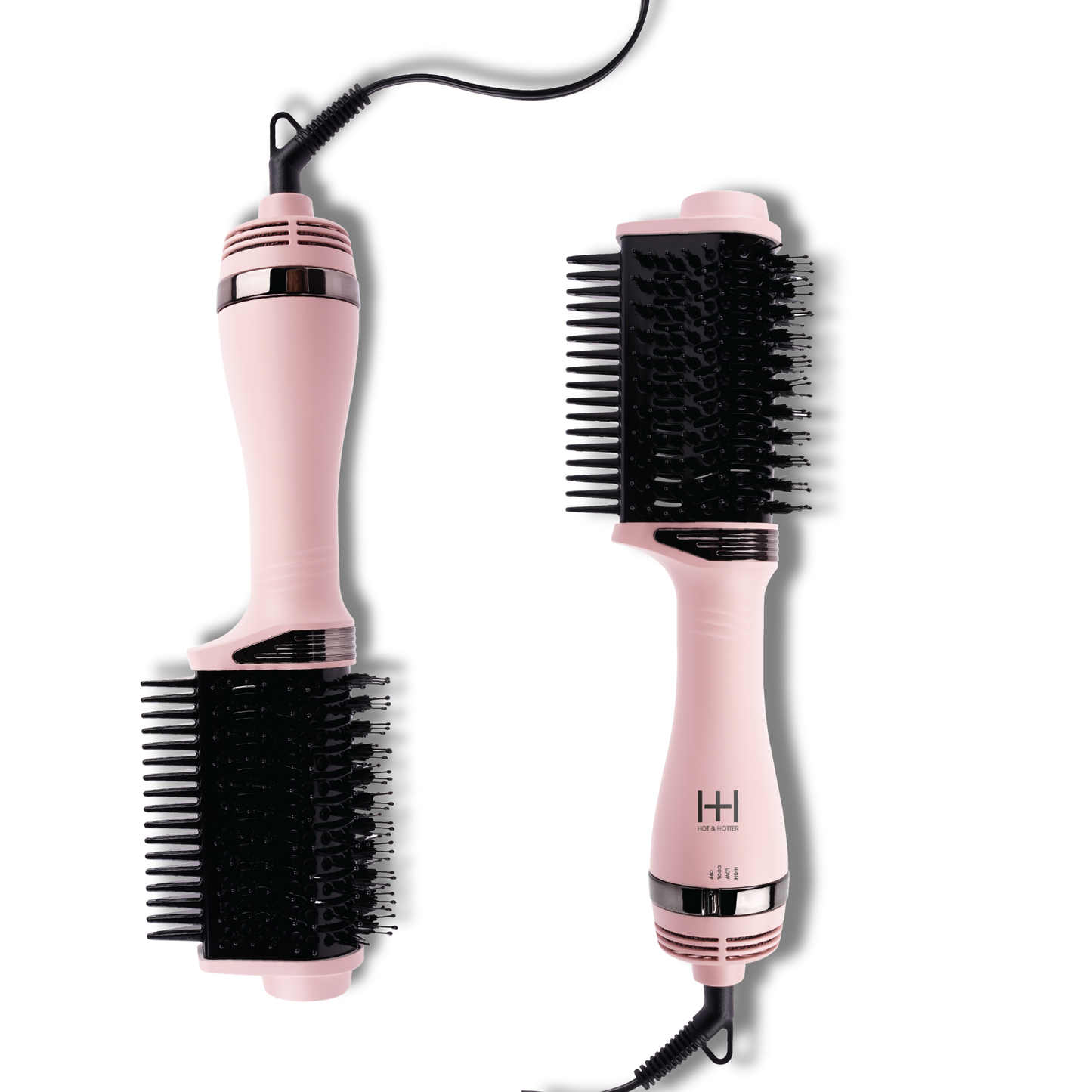 Pink hair styling tool with bristle brush head on a white background