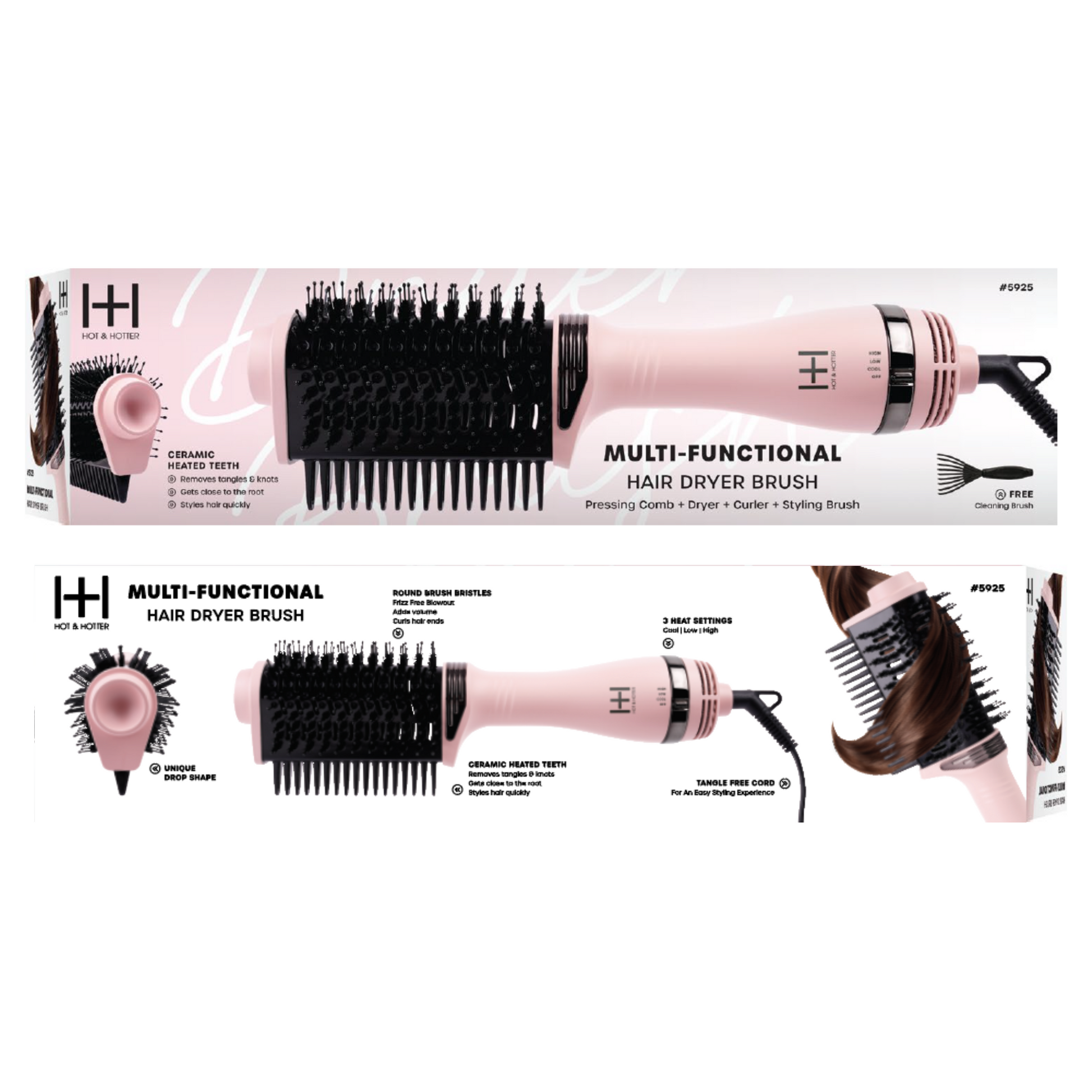 Pink Hot & Hotter multi-functional hair dryer brush with ceramic heated teeth and rotating round bristle design