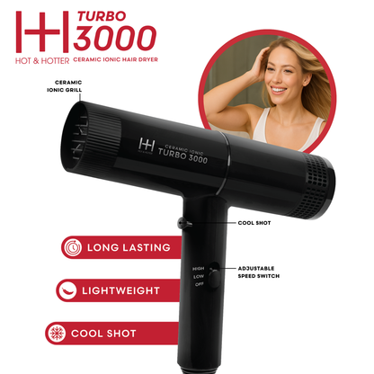 Hot & Hotter Ceramic Turbo 3000 Hair Dryer, Black