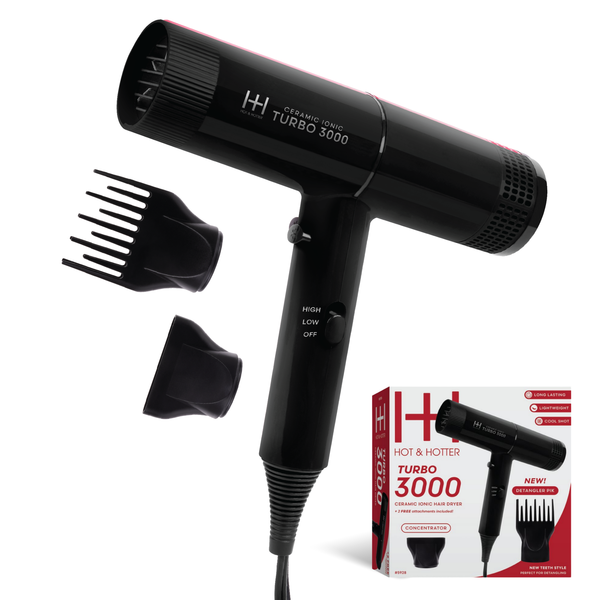 Hot & Hotter Ceramic Turbo 3000 black hair dryer with two attachments and packaging box shown on white background