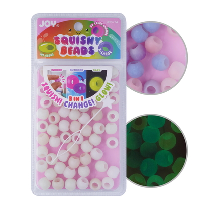 Joy XL Round Squishy Hair Beads pack showing white beads with UV glow-in-dark feature and color change effect.