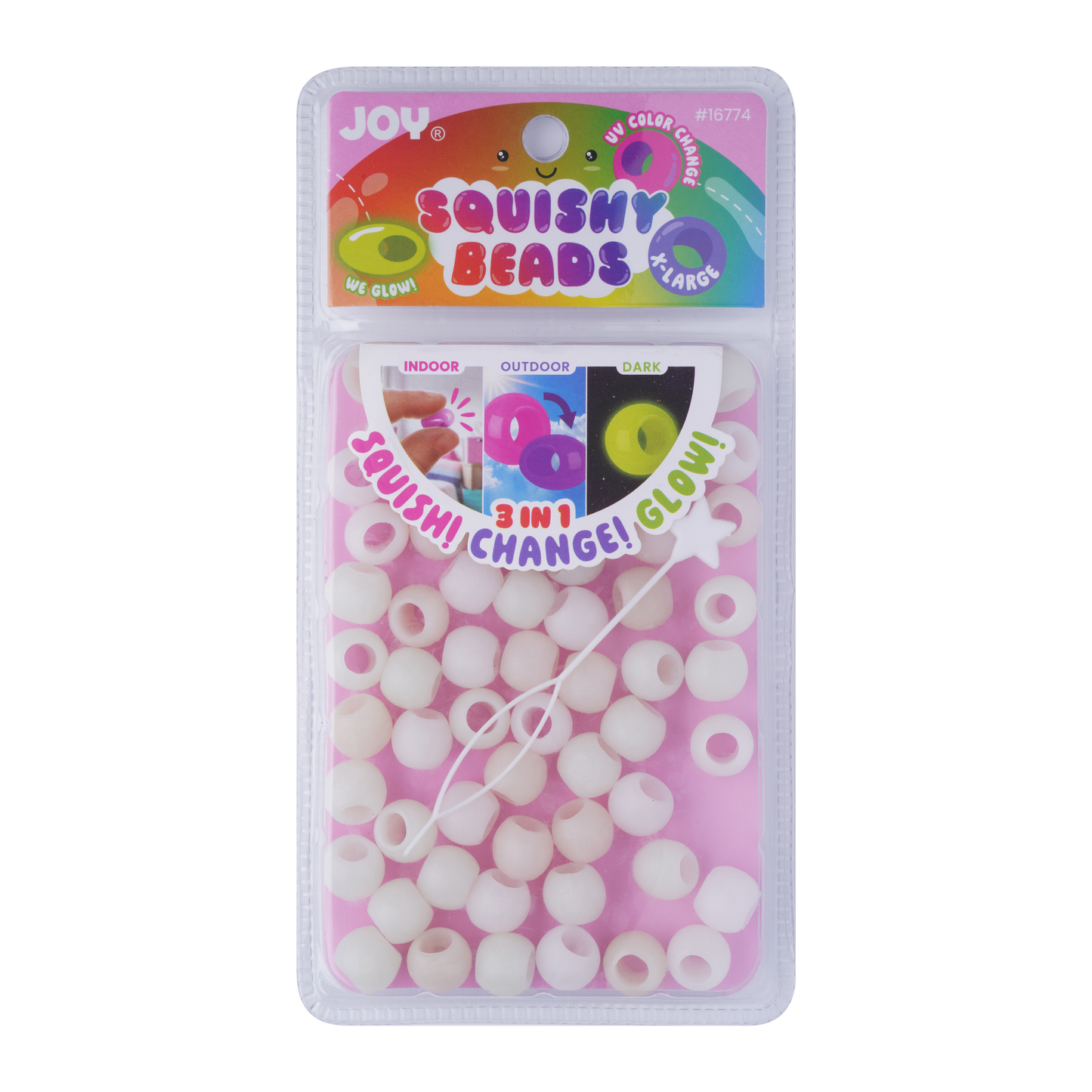 Large pack of white Joy XL round squishy hair beads that change color and glow in the dark with included tool