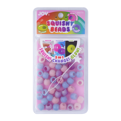 Joy XL Round Squishy Hair Beads pack showing pastel pink, blue, and purple beads with glow-in-dark feature and threading tool.