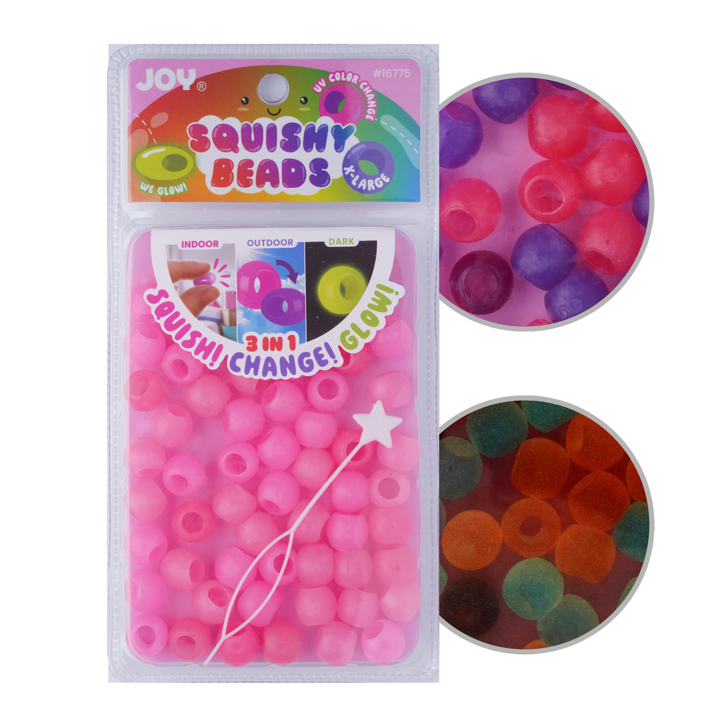 Joy XL Round Squishy Hair Beads large pack in pink, UV glow-in-dark, changing colors indoors and outdoors